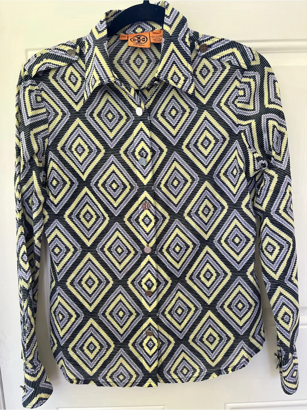 Tory Burch Size 6 Yellow and Black Geometric‎ Button-Up Blouse Preppy